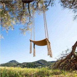 Ξύλινη Κούνια Κυρτή Μπεζ με Κρόσσια 52x30x2cm & Σχοινί Γιούτας - Ξύλινες Κούνιες Κήπων, Πισίνας, Παραλίας