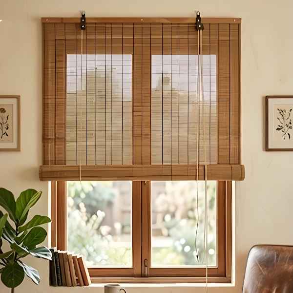 Bamboo Roller Blind Caramel with Brown Stripe & Roll-Up
